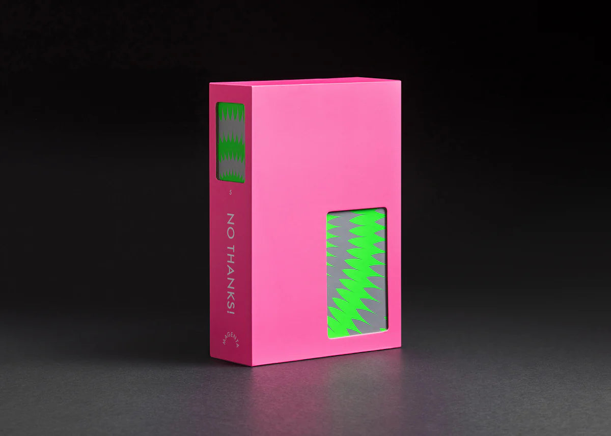 No Thanks party game box, pink with green zigzag cutouts.