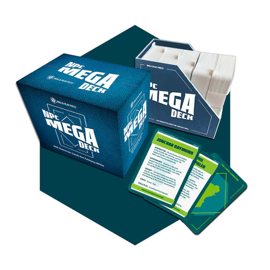 The NPC Mega-Deck with blue box, character cards featuring RPG info and illustrations, and card holder.