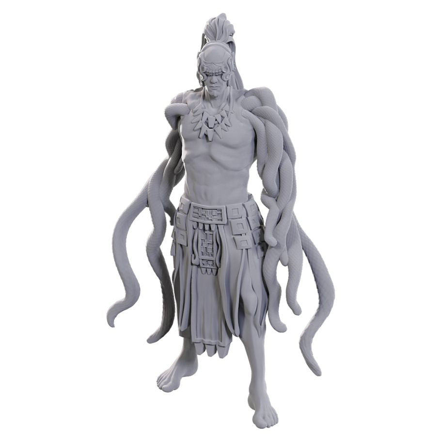 Gray D&D Nolzurs Marvelous Miniatures Yuan-ti Pit Master with long hair and snake-like tentacles on back.