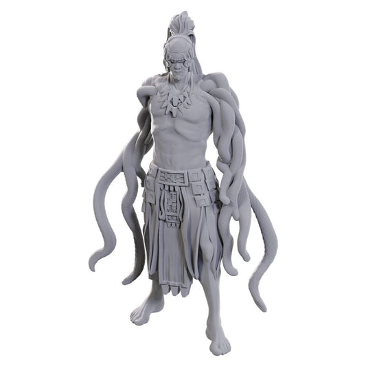 Gray D&D Nolzurs Marvelous Miniatures Yuan-ti Pit Master with long hair and snake-like tentacles on back.