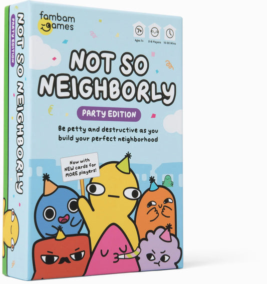 Not So Neighborly Party Edition card game box for 2-4 players with cartoon neighborhood character theme.