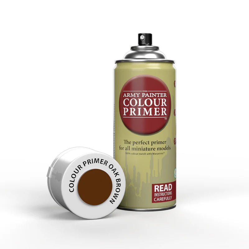 Army Painter Oak Brown Colour Primer acrylic spray paint can with color-displaying cap on white background.