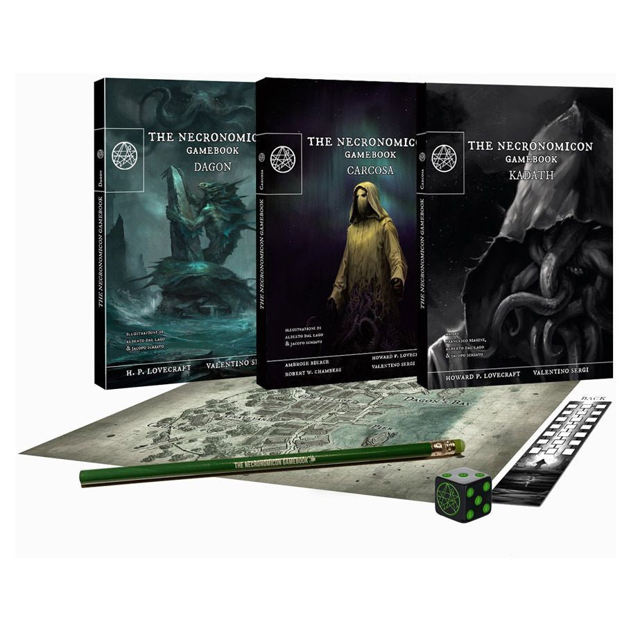 The Necronomicon Gamebook Trilogy for solo play, includes interactive horror gamebooks, map, dice, and pencil.