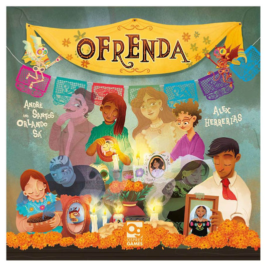 “Ofrenda” Day of the Dead altar game featuring marigolds, candles, photos, and a festive banner.