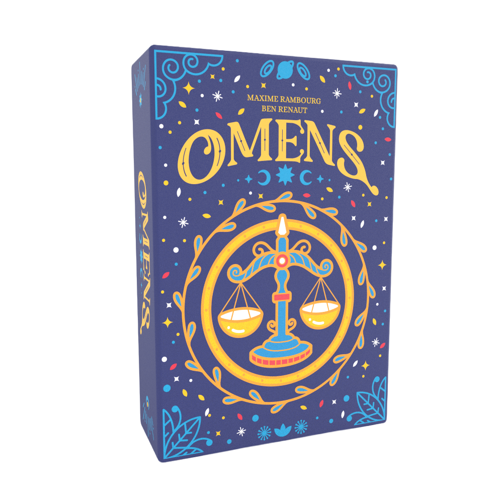Omens mystery game box featuring a balance scale and celestial motifs.