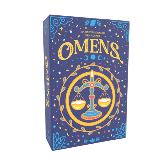 Omens mystery game box featuring a balance scale and celestial motifs.