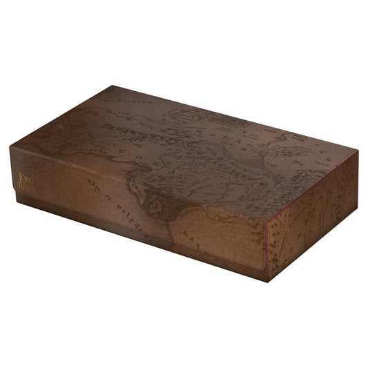 Omnihive 1000+ Deck Box, rectangular, with Lord of the Rings: Places of Middle Earth map design and gold text.