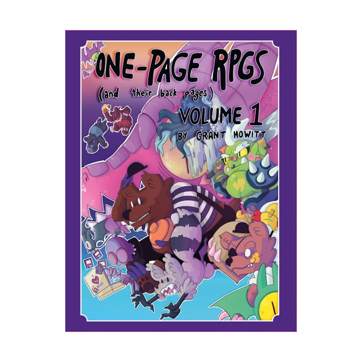 One Page Games Volume 1 cover featuring indie RPG monsters and cartoon creatures.