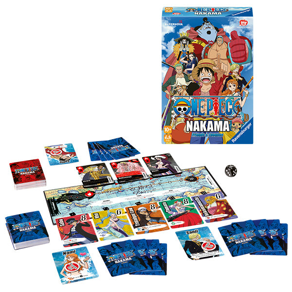 One Piece Nakama cooperative strategy game with board, card stacks, and a die.