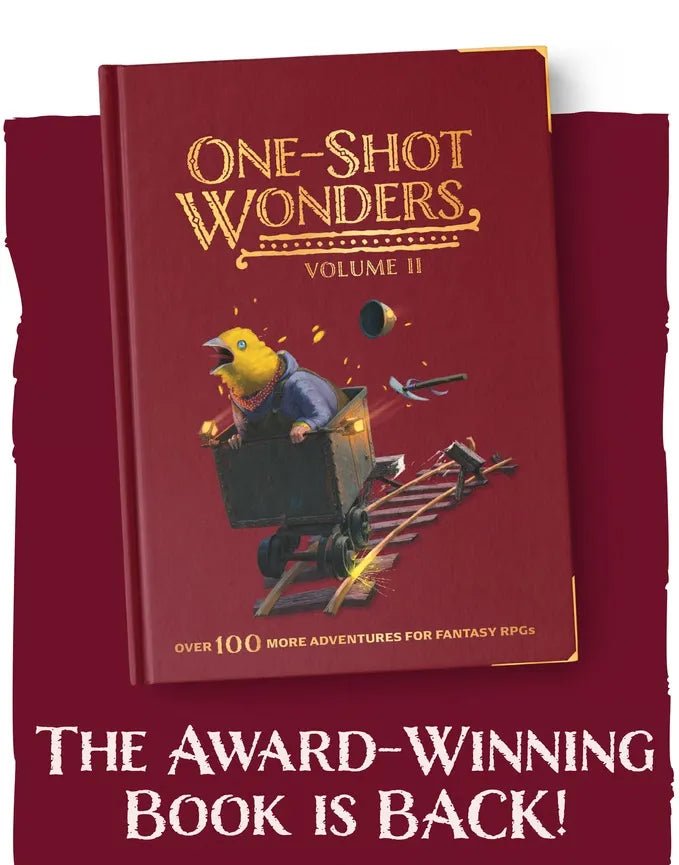 Red One-Shot Wonders 2 DnD module with a bird-headed character riding in a mine cart.