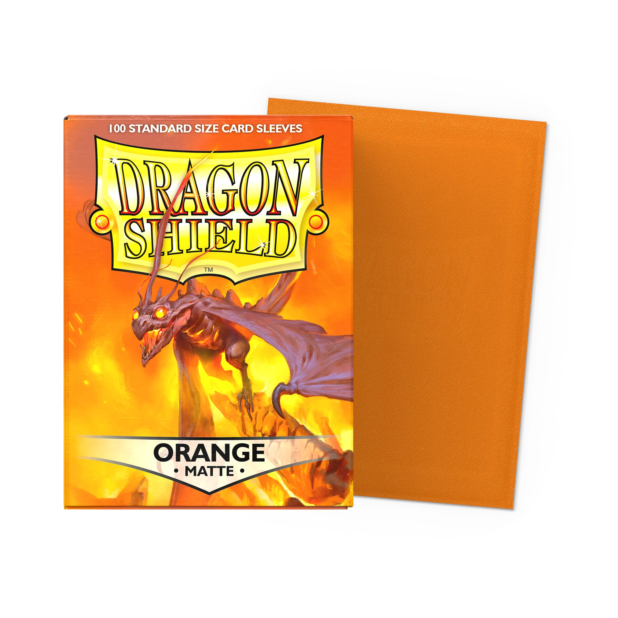 Dragon Shield Standard Sleeves, 100 Count, Orange Matte, with orange dragon art and one orange sleeve shown.