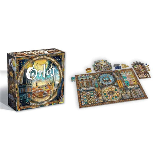 Orloj: the Prague Astronomical Clock game with box, board, tokens, and pieces on a white background.