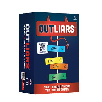 Outliars party game with colorful answer cards for identifying lies among truths.