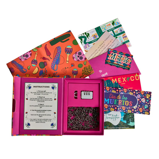 Padlockd Mexico escape room game box with chain lock and Mexican-themed cards.