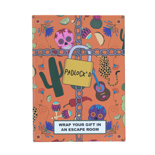 Padlockd Mexico gift wrap featuring cactus, maracas, limes, leopard prints, padlock, and chain.