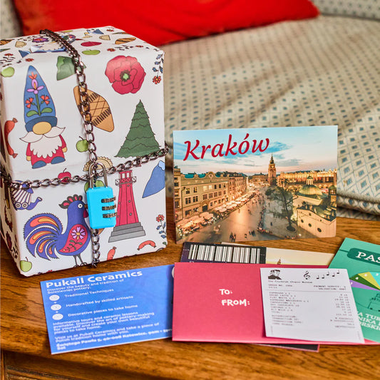 Padlockd Poland escape room puzzle game with included postcard and papers.