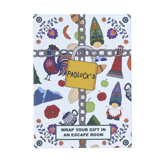 Padlockd Poland gift wrap featuring Nordic art, with chain and padlock; themed for escape room game fans.