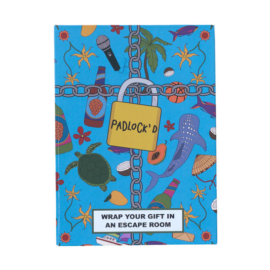 Padlockd The Philippines: blue gift box with tropical art, chain, and padlock, escape room puzzle gift set.
