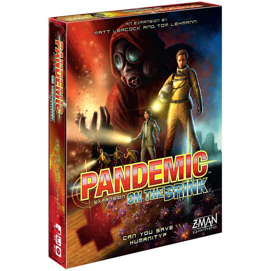 Pandemic: On the Brink board game box featuring people in hazmat suits and a masked figure.