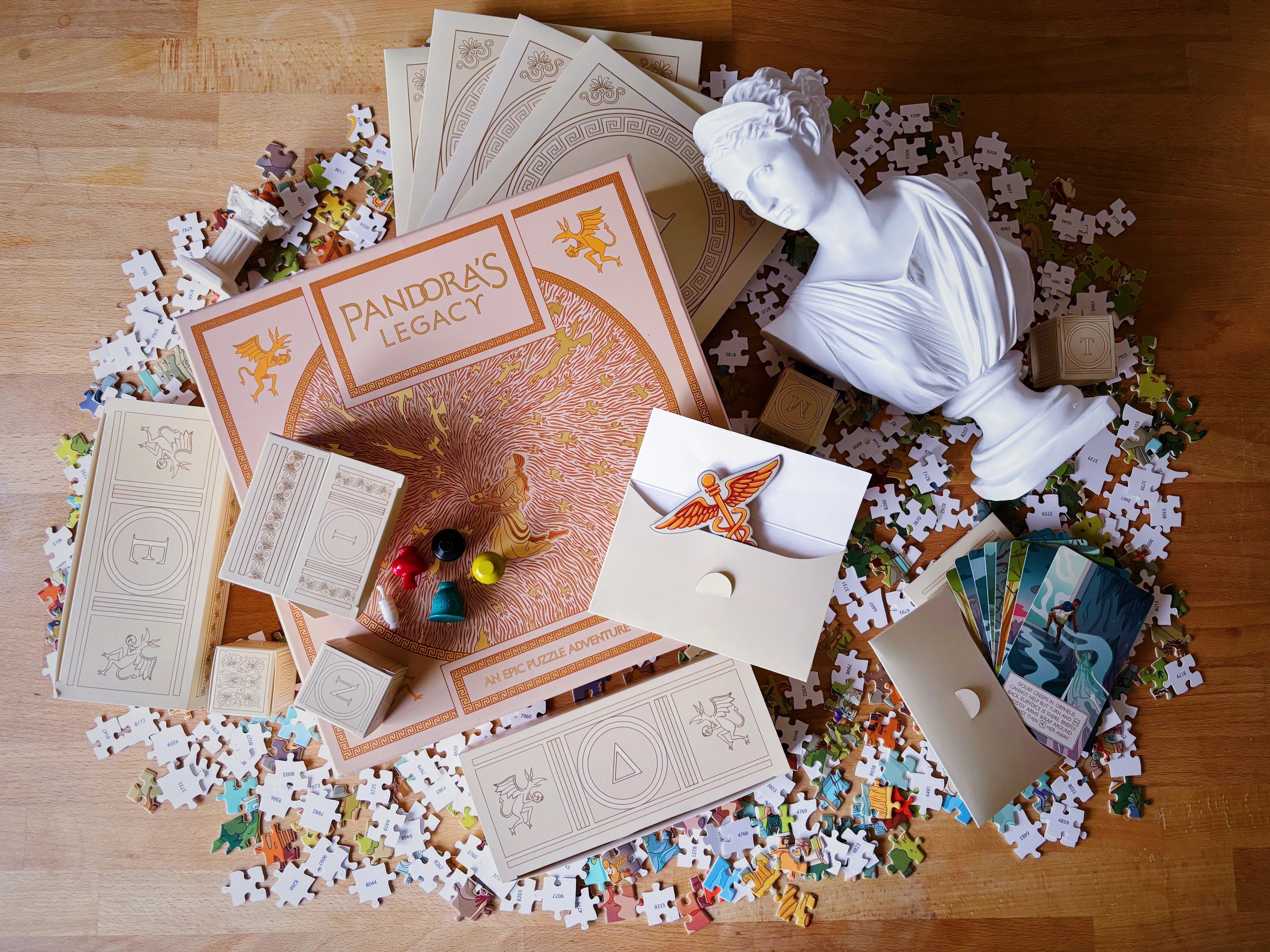 Pandoras Legacy board game with playing pieces, cards, and themed box set.