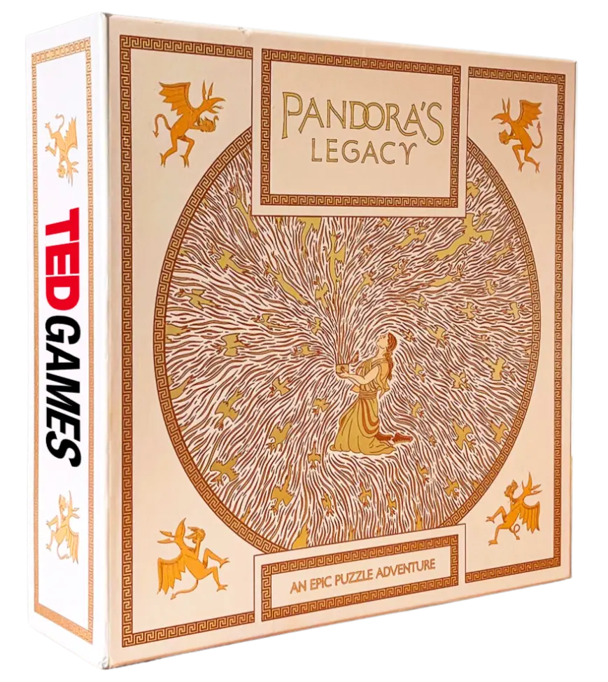 Pandoras Legacy board game box with gold artwork and TED GAMES on the side.