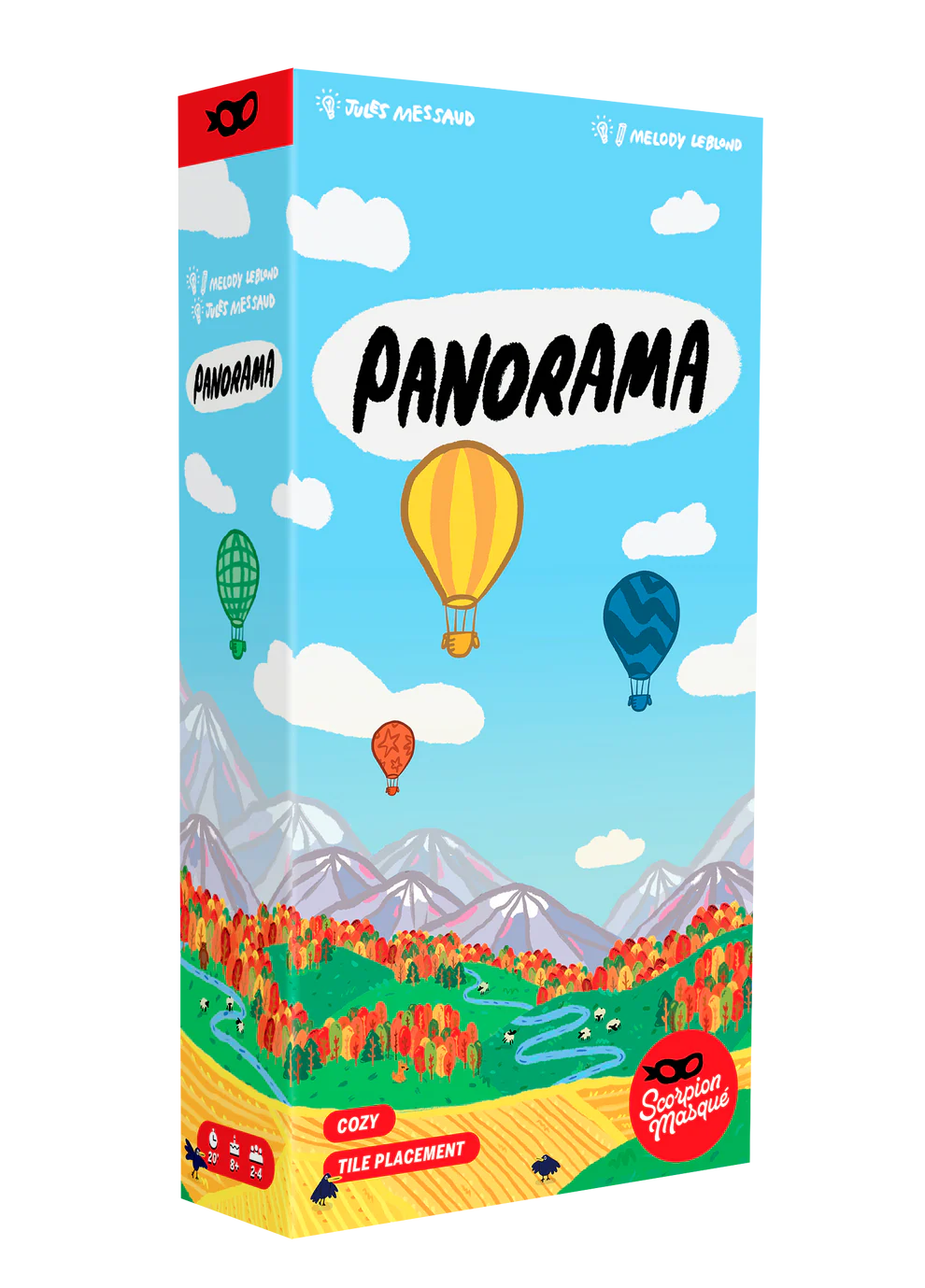 Panorama game box for 2-4 players, featuring hot air balloons over fall trees and mountains on the cover.