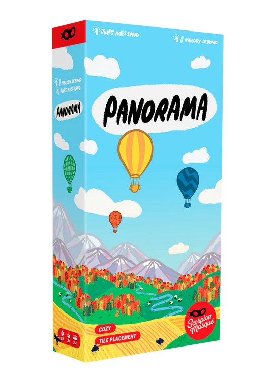 Panorama game box for 2-4 players, featuring hot air balloons over fall trees and mountains on the cover.