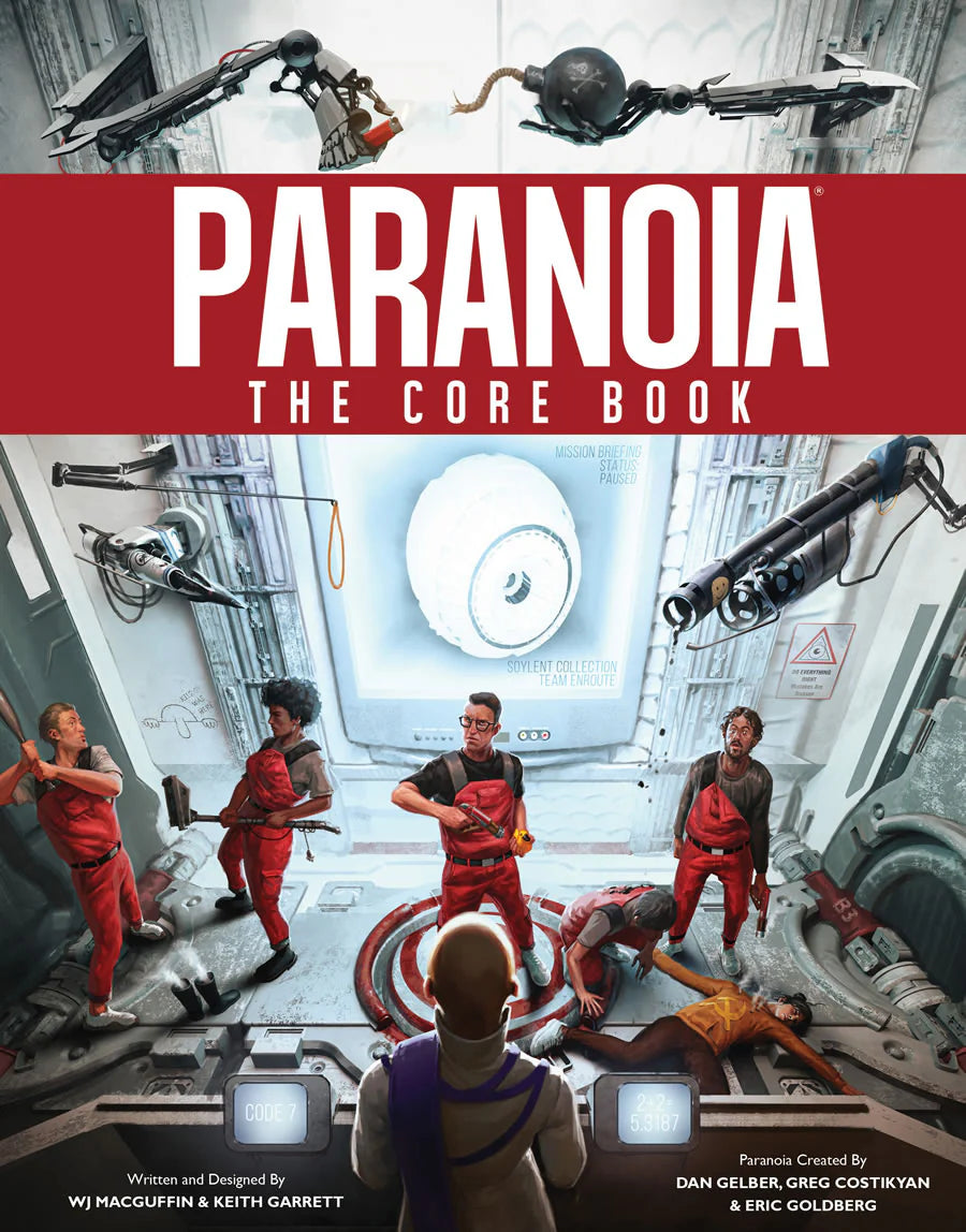 Paranoia: New Edition - The Core Book sign with six people in red jumpsuits and one in white in a futuristic room.