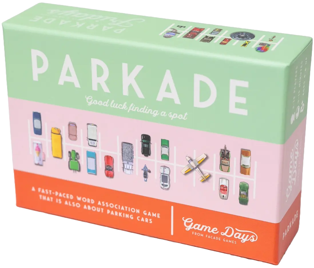 Parkade board game box featuring cars and word association gameplay.