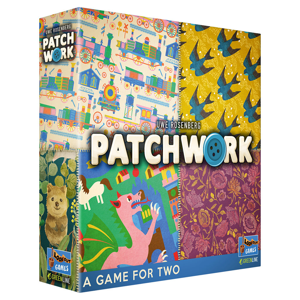 Patchwork Revised Edition game box with colorful textile art, animals, and A Game for Two text on the front.