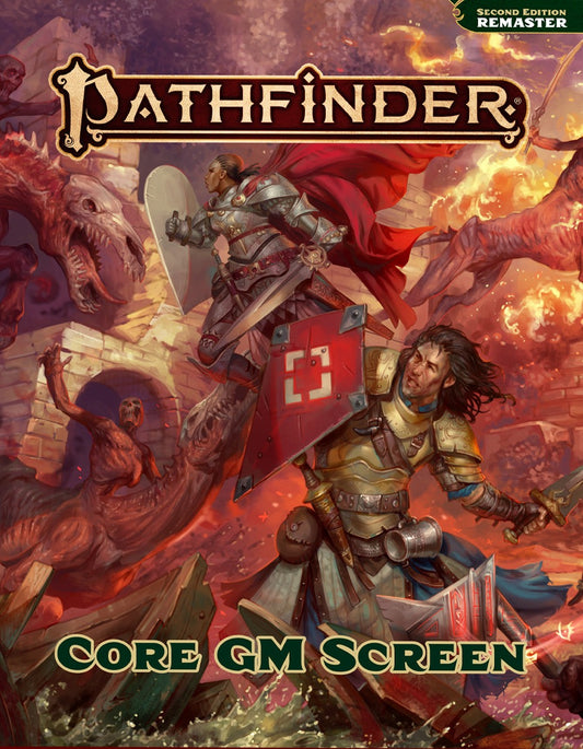 Pathfinder Second Edition GM Screen featuring two armored warriors fighting dragons and monsters amid fire.