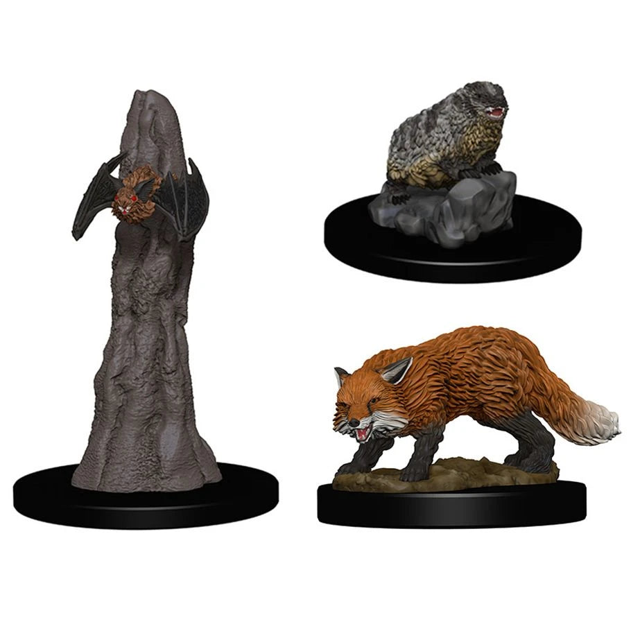 Pathfinder Deep Cuts Minis W1: three unpainted familiars—bat on stalagmite, rock rodent, and red fox.
