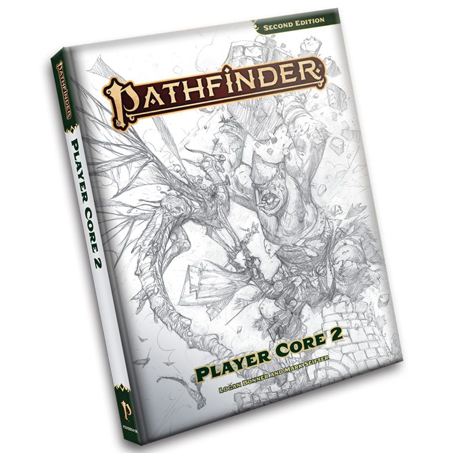 Pathfinder 2nd Edition: Player Core 2 cover featuring sketch art of adventurers fighting a dragon.