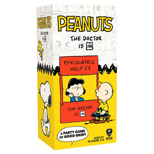 Peanuts: The Doctor Is In advice card game featuring Lucy and Charlie Brown.