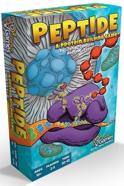 Peptide card game box labeled Peptide featuring DNA and protein imagery on the cover.