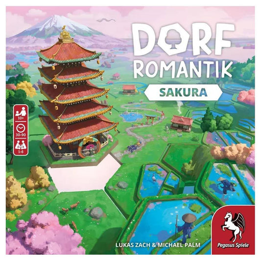 Dorfromantik: Sakura edition game box featuring red pagoda, ponds, and cherry blossoms.
