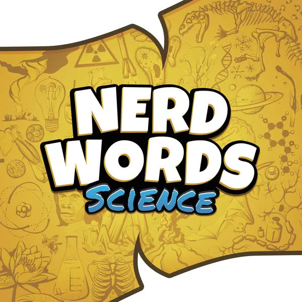 Nerd Words: Science game title on yellow background with planets, DNA, and animal doodles.