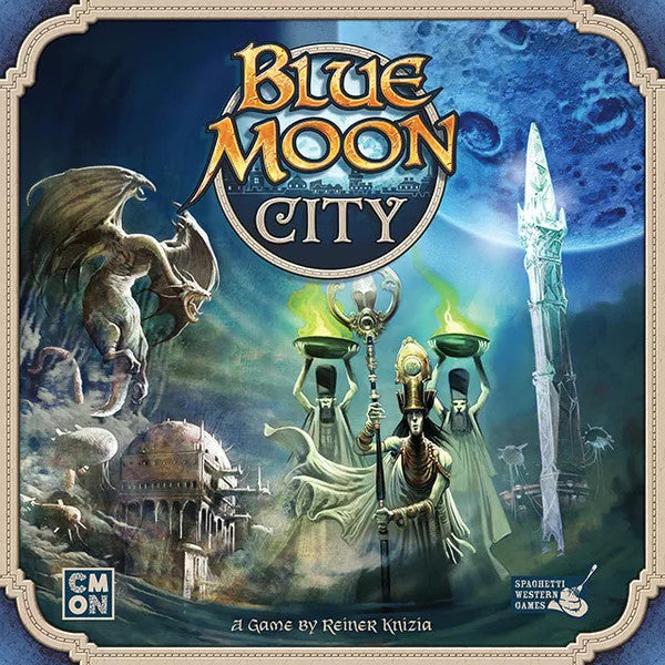 Blue Moon City game box featuring sorcerer, winged beast, ancient city, tall crystal, and blue moon in sky.