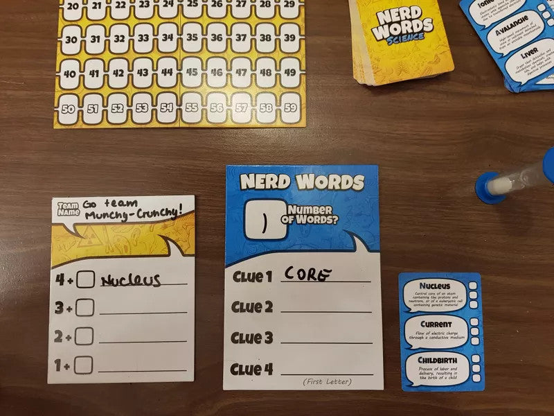Nerd Words: Science set with scorecards, clue cards, and sand timer.