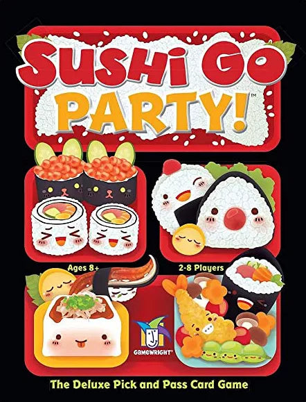 Sushi Go Party Palooza game box featuring cartoon sushi characters and game details.