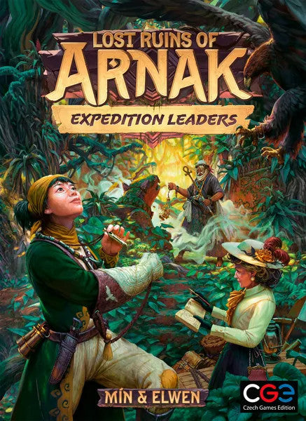 Lost Ruins of Arnak: Expedition Leaders Expansion with three adventurers among artifacts and ruins.