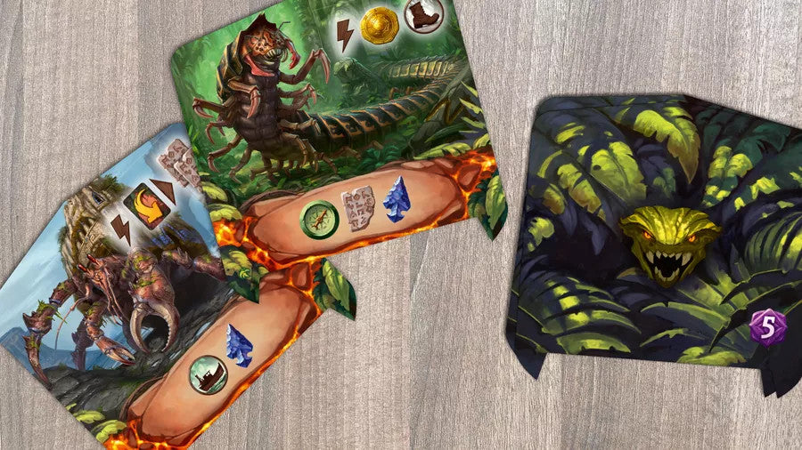 Three monster cards from Lost Ruins of Arnak: Expedition Leaders Expansion.