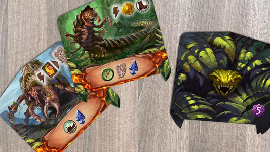 Three monster cards from Lost Ruins of Arnak: Expedition Leaders Expansion.