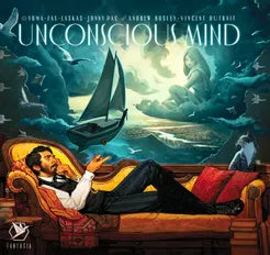 Unconscious Mind board game showing a man lying on a couch with dream-like clouds above him.