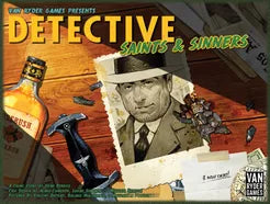 Detective Saints & Sinners board game, 1940s LA edition with detective portrait, whiskey bottle, and knife on cover.