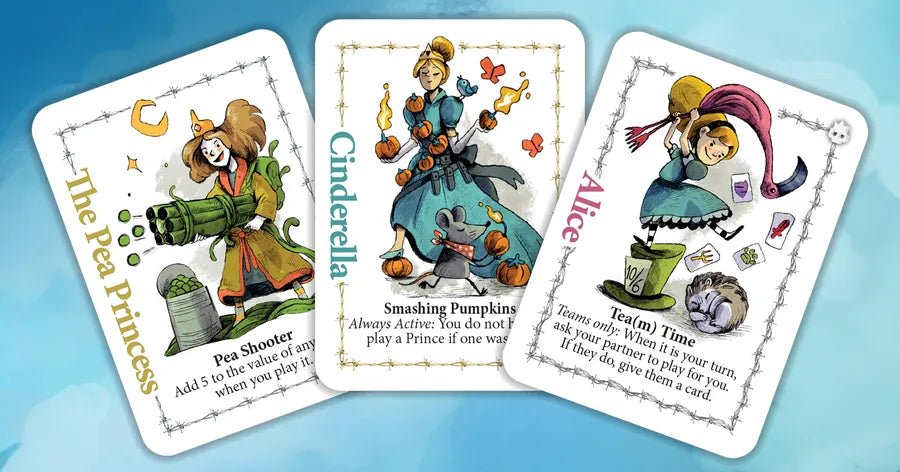 Zombie Princess Deluxe Edition card game with three illustrated princess cards, each with different trick-taking powers.