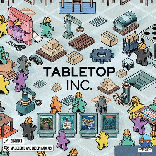 Tabletop Inc. game featuring cartoon workers in hard hats operating machines.
