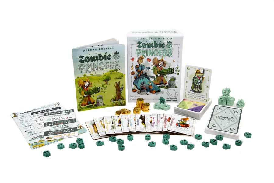 Zombie Princess Deluxe Edition board game with cards, tokens, coins, and green zombie mini figures.