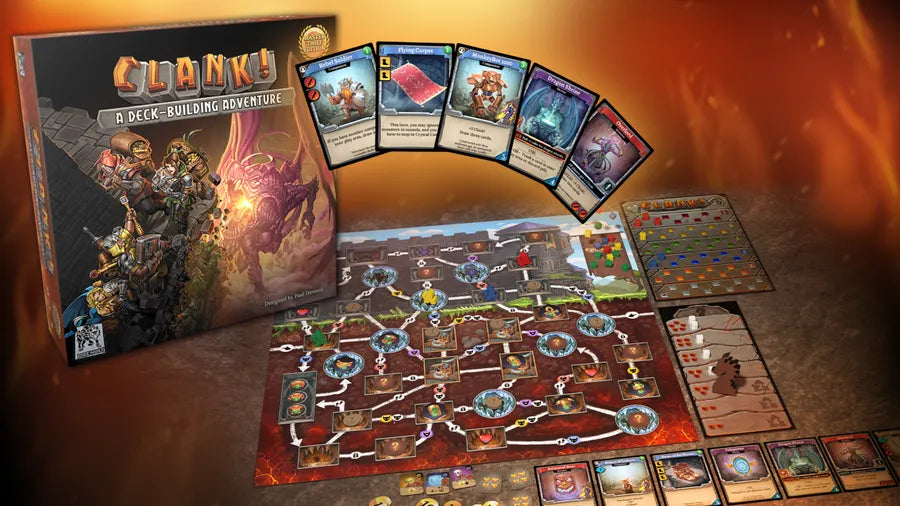 CLANK A DECK-BUILDING ADVENTURE (MASTER THIEF EDITION) box, cards, and tokens.
