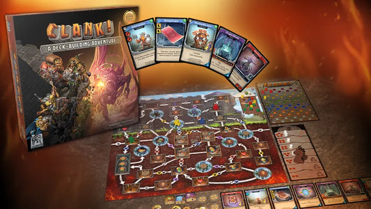CLANK A DECK-BUILDING ADVENTURE (MASTER THIEF EDITION) box, cards, and tokens.